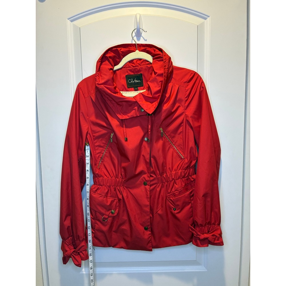 Cole Haan Womens Red Hooded Windbreaker Bow Cuffs Rain‎ Jacket Coat Size S - Picture 4 of 5